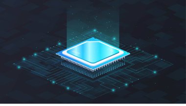 Kuantum bilgisayar konsepti. Gadget ve cihazlar, modern teknolojiler ve yenilikler. İnternet sitesi, pazarlama için reklam afişi ya da afişi. Chipset ve yemek. Karikatür izometrik vektör çizimi