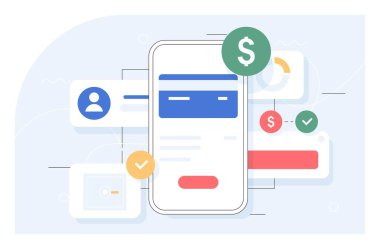 Akıllı telefon ödemeleri konsepti. Finansal okuryazarlık, elektronik gelir ve işlemler, transferler. Modern teknolojiler ve dijital dünya. Web sitesi için grafik ögesi. Çizgi film düz vektör çizimi