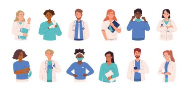 Bir grup gülümseyen doktor. Web sitesi için grafik elementlerin toplanması. Uzmanlar ve profesyoneller. Maske takan erkekler ve kadınlar. Beyaz arkaplanda izole edilmiş çizgi film düz vektör çizimleri
