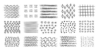 Dekor deseni ayarlandı. Web sitesi için grafik elementlerin toplanması. Şablon, yerleşim ve modelleme. Eğri çizgiler, kalpler, noktalar ve kareler. Beyaz arkaplanda izole edilmiş çizgi film düz vektör çizimleri