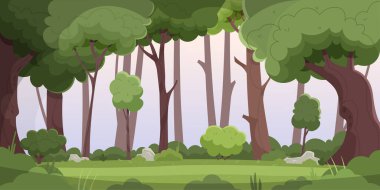 Güzel orman manzarası. Panoramik doğa sahnesi, yaz ve baharda ağaçlar, akşam ve gündüz çayırlar. Saha çimenlik, cennet ve doğa, açık hava. Çizgi film düz vektör çizimi