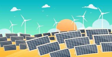 Güneş paneli ayarlandı. Yenilenebilir enerji için alternatif kaynaklar. Çevreyi ve doğayı önemsemek, zararlı atıkların atmosfere salınımını azaltmak. Sürdürülebilir yaşam tarzı. Çizgi film düz vektör çizimi