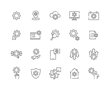 Mühendislik tasarım simgeleri ayarlandı. Web sitesi için grafik elementlerin toplanması. Teknik destek ve danışmanlık. Coghweel ve alet. Beyaz arkaplanda izole edilmiş çizgi film düz vektör çizimleri