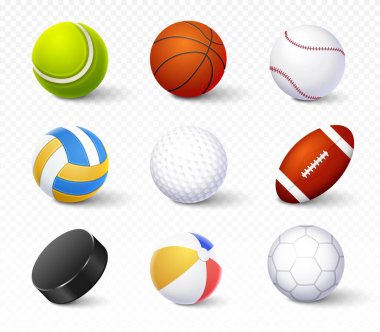 Gerçekçi spor topu seti. Aktif yaşam tarzı için ekipman koleksiyonu. Tenis, futbol, basketbol ve voleybol. Ragbi, golf, hokey. Şeffaf arkaplanda 3 boyutlu vektör çizimleri izole edildi
