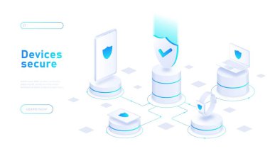 Cihazlar güvenli konsept. Kalkan bilgisayar ve akıllı telefona bağlı. Modern teknolojiler ve yenilikler. İnternet güvenliği ve kişisel veri koruması. Karikatür izometrik vektör çizimi