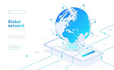 Küresel ağ kavramı. İnternet, sosyal medya ve anlık haberciler üzerinden iletişim ve etkileşim. Akıllı telefon ekranında küre. Çevrimiçi konuşma. Karikatür izometrik vektör çizimi
