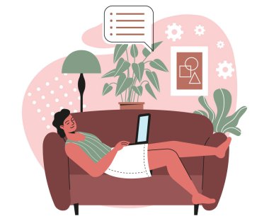 Rahat bir çalışma alanında çalışan serbest çalışan biri. Genç bayan uzaktan kumandalı işçi ev ofisindeki kanepede uzanıyor ve siparişleri veya projeleri tamamlıyor. Çalışanlar için rahat koşullar. Çizgi film düz vektör çizimi