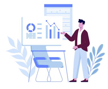 İş veri analizi kavramı. Erkek girişimci raporunu sunar ve şirketin mali istatistikleri hakkında konuşur. Grafiklerle ve çizelgelerle muhasebe. Basit bir şekilde çizgi film düz vektör çizimi