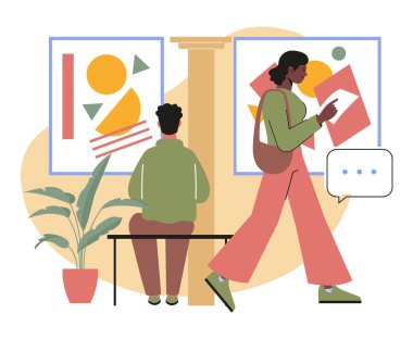 Sanat galerisi ya da müze ziyaretçileri. Çağdaş sanatın kadın ve erkek uzmanları sergideki ünlü sanatçıların soyut resimlerine bakıyorlar. Kültür ve eğitim. Çizgi film düz vektör çizimi