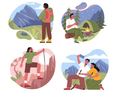 Yürüyüş ya da kamp gezisi sahneleri. Erkekler ve kadınlar dağlara tırmanıyor, çadır kuruyor ve kayaların arkasına selfie çekiyorlar. Çizgi film düz vektör koleksiyonu beyaz arkaplanda izole edildi