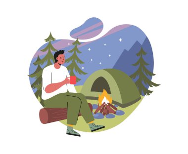 Yürüyüş ya da kamp gezisi. Genç, mutlu erkek turist ormanda çadır kuruyor kamp ateşinin yanında kütük gibi oturuyor ve gece gökyüzünün altında lezzetli kahve içiyor. Çizgi film düz vektör çizimi
