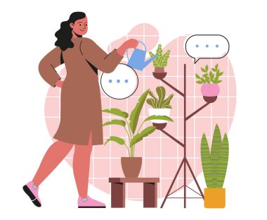 Bitkileri önemseyen biri. Sulama tenekesi ile gülümseyen genç bir kadın saksılarda güzel iç çiçekleri suluyor. Karakteristik çiçekçi ev bitkisi yetiştiriyor. Evde bahçıvanlık. Çizgi film düz vektör çizimi