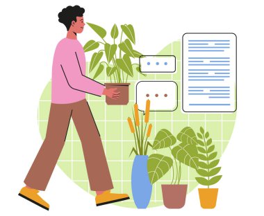 Bitkileri önemseyen biri. Gülümseyen adam, içinde yeşil yapraklar ve dallar olan güzel iç çiçekleri olan saksılar taşıyor. Dairenin organik dekorasyonu. Evde bahçıvanlık. Çizgi film düz vektör çizimi