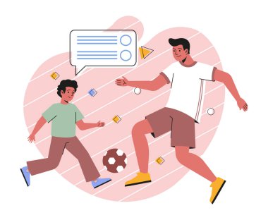Aile birlikte vakit geçiriyor. Genç, aktif erkek babası futbol oynuyor ve oğluyla top oynuyor. Ebeveynler çocuklarla dışarıda spor ya da tren yapıyor. Çizgi film düz vektör çizimi