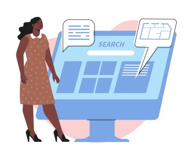 Mülk arama konsepti. Genç bir kadın bilgisayar ekranında duruyor ve gayrimenkul sitesindeki ev ya da daireleri arıyor. İpotek, yatırım ya da kira. Çizgi film modern düz vektör çizimi