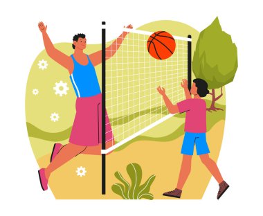 Aile spor konsepti yapıyor. Gülümseyen erkek baba oğluyla parkta ya da arka bahçede voleybol oynuyor. Fiziksel aktivite ve sağlıklı yaşam tarzı. Spor mu, spor mu? Çizgi film düz vektör çizimi
