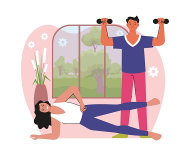 Aile spor konsepti yapıyor. Evde ya da spor salonunda spor yapan gülümseyen genç bir çift. Salakça spor ya da fiziksel aktivite. Sağlıklı yaşam tarzı ve egzersiz. Çizgi film düz vektör çizimi