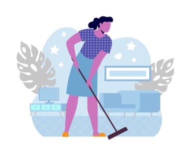 Evi temizliyorum. Kız ev işi yapıyor. Kadın paspası tutuyor ve dairede yerleri yıkıyor. Ev hanımı ortalığı temizler. Temizlik ve düzenlilik. Çizgi film düz vektör çizimi beyaz arkaplanda izole edildi