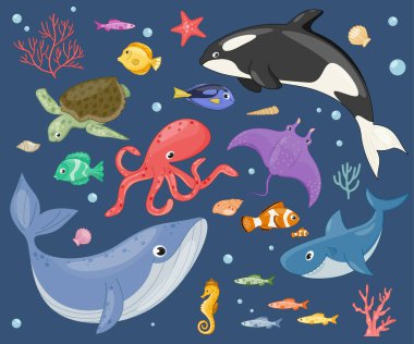 Set of cute underwater characters. Stickers with shark, turtle, aquarium fish, seahorse, algae, octopus and stingray. Ocean or sea life. Cartoon flat vector collection isolated on blue background clipart