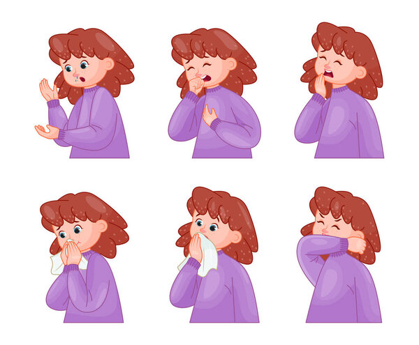 Sick and ill child. Girl follows medical recommendations for runny nose, cough and sneezing and uses handkerchief. Prevention of virus infections, colds and flu. Cartoon flat vector collection