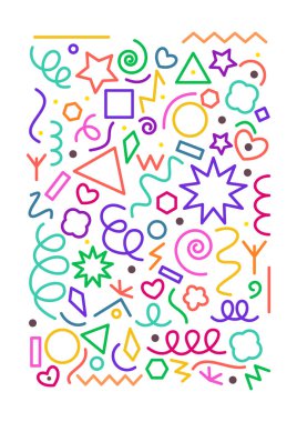 Renkli soyut poster. Çizgileri ve şekilleri olan minimalist yaratıcı afiş. Zigzag, düğüm ve üçgenle basit bebek karalaması. Çizgi film düz vektör çizimi beyaz arkaplanda izole edildi