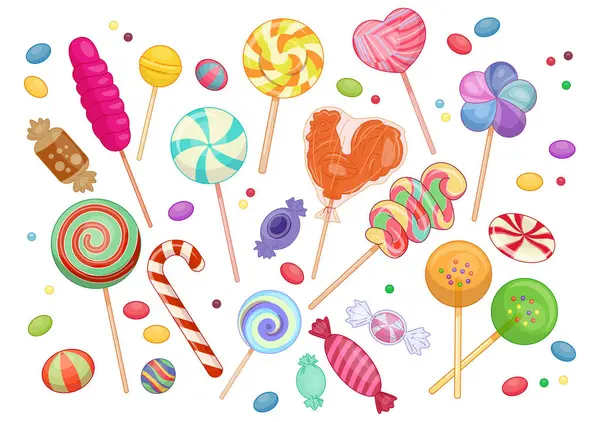 Farklı şeker ve tatlılardan oluşan bir set. Çubuklu sarmal lolipop, karamel şekerler, jelibonlar ve bükülmüş şekerlemeler. Şekerleme dükkanı. Çizgi film düz vektör koleksiyonu beyaz üzerine izole edildi
