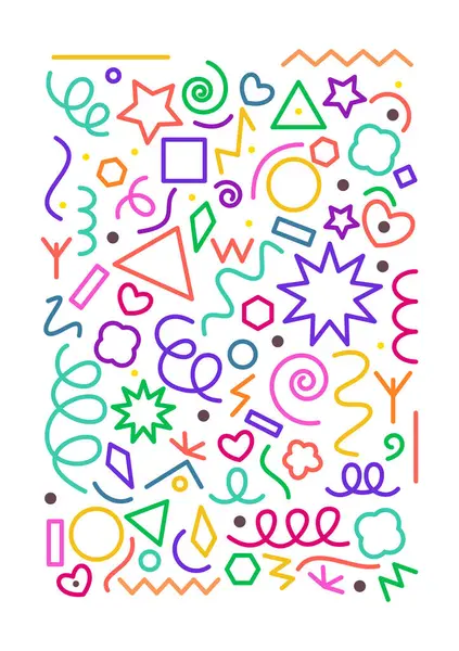 Renkli soyut poster. Çizgileri ve şekilleri olan minimalist yaratıcı afiş. Zigzag, düğüm ve üçgenle basit bebek karalaması. Çizgi film düz vektör çizimi beyaz arkaplanda izole edildi