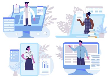 Çevrimiçi platformlar kuruldu. Bilgisayarda ya da dizüstü bilgisayarda kadın ve erkek koleksiyonu. Doktor, danışman ve öğretmen webinarları ve konferansları yönetiyor. Beyaz arkaplanda izole edilmiş çizgi film düz vektör çizimleri