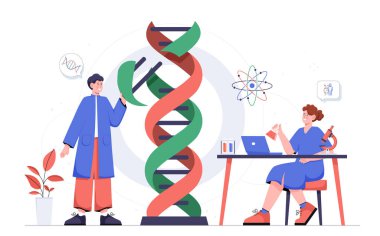 DNA araştırma konsepti. Tıbbi üniformalı kadın ve erkek hücre veya moleküllerin yapısını analiz eder. Tıbbi ve kimyasal bilim deneyleri. Laboratuvardaki bilim adamları. Çizgi film düz vektör çizimi