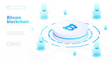 Bitcoin engelleyici beyaz pankart. Kripto para, yatırım ve ticaret. İnternette çiftçilik ve madencilik. Gelecekçi teknoloji konsepti. Karikatür izometrik vektör çizimi