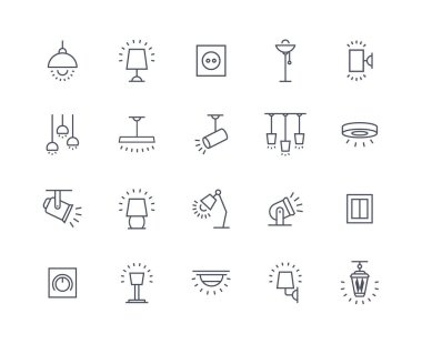 Lamba simgeleri ana hat seti. Tavan ve soket için elektrikli avize. Ev dekorasyonu, aydınlatma. Işık kaynaklarının toplanması. Beyaz arkaplanda izole edilmiş çizgi film düz vektör çizimleri