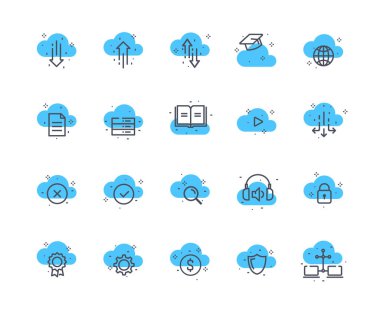 Bulut hesaplama renk seti. İnternet 'te bilgi depolama ve iletimi. Kablosuz bağlantı. Veri paylaşımı, yükleme ve indirme. Beyaz arkaplanda izole edilmiş çizgi film düz vektör çizimleri