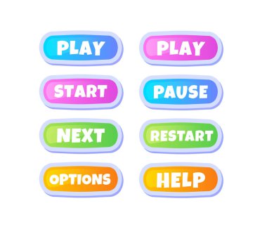 Oyun için UI menüsü ayarlandı. Oynat, çalıştır, durdur ve yeniden başlat. Seçenekler ve ayarlar için arayüz. Mobil uygulamalar ve programlar için UX tasarımı. Beyaz arkaplanda izole edilmiş çizgi film düz vektör çizimleri
