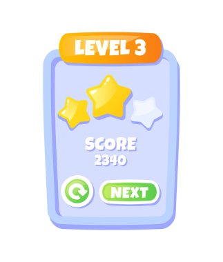 Oyun için UI seviyesi paneli. Final skoru ve üç yıldız, tekrar tekrar denemek için düğmeli geçiş değerlendirmesi. Şablon, yerleşim ve modelleme. Çizgi film düz vektör çizimi