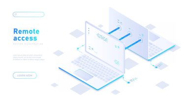 Uzaktan erişim beyaz afiş. İnternet üzerinden bulut servisi, bağlantı ve bilgi alışverişi. Modern teknolojiler ve dijital dünya. İniş sayfası tasarımı. Karikatür izometrik vektör çizimi