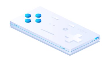 Video oyunları konsolu. Oyun konsolu veya bilgisayar veya oyun istasyonunda oyun oynamak ve eğlenmek için joystick veya denetleyici. Gadget ve cihaz. Karikatür izometrik vektör çizimi
