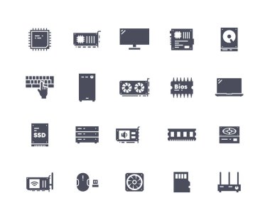 Bilgisayar parçaları siyah set. Hayranlı video kartı, kablosuz bağlantı için kablosuz ağ yönlendirici. Monitör ve mikroişlemci, ana kart. Beyaz arkaplanda izole edilmiş çizgi film düz vektör çizimleri