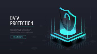 İzometrik veri koruması. Kalkan işlemci ya da çipte. İnternet güvenliği ve kişisel bilgi koruması. Modern teknolojiler ve yenilikler. Çizgi film vektör illüstrasyonu