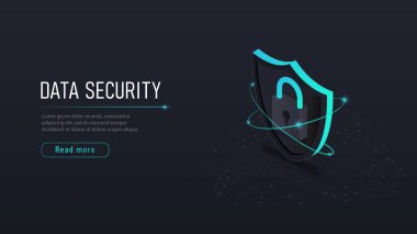 Veri güvenliği kavramı. Kalkanları kilitleyin. İnternet güvenliği, VPN ve güvenlik duvarı. İniş sayfası. Hackleme ve virüsleri önlemek için antivirüs. Siber güvenlik ve kötü amaçlı yazılım. Karikatür izometrik vektör çizimi