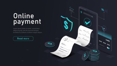 İzometrik online ödeme. Akıllı telefon ve çek. Mobil uygulama ve program, yazılım. İnternetteki bankacılık operasyonları. Fatura ve fatura, makbuz. Çizgi film vektör illüstrasyonu