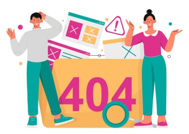 Verilerle ilgili sorunlar. Dosyanın önündeki 404 numaralı adam ve kadın. Sistem hatası ve silinmiş bilgi. Bilgisayarda ya da dizüstü bilgisayarda kayıp bilgi. Çizgi film düz vektör çizimi