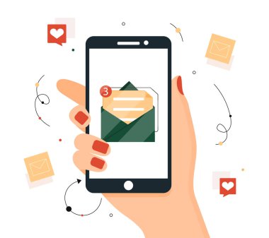 E- posta ekran konsepti. Yeni mesajla akıllı telefonu tutuyor. Uygulamada veya programda bildirim. İnternet 'teki iletişim ve etkileşim, yazışmalar. Çizgi film düz vektör çizimi