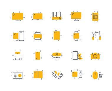Aygıt simgeleri renk seti. Kablosuz ağ yönlendirici, televizyon ve monitör. Kulaklık, fare, joystick ve radyo. Elektronik mağazası için grafiksel öğeler. Beyaz arkaplanda izole edilmiş doğrusal düz vektör çizimleri