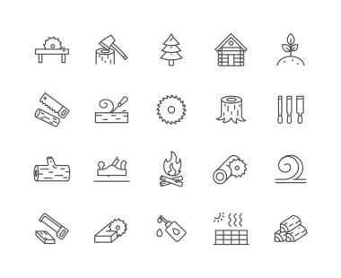 Günlük simgeleri ana hatları ayarlanıyor. Marangoz teçhizatı ve aletleri. İşlem, ulaşım ve ahşap depolama. Orman ve inşaat. Beyaz arkaplanda izole edilmiş doğrusal düz vektör çizimleri