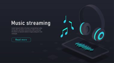 Isometric müzik akışı. Akıllı telefonun yanında kablosuz kulaklık. Modern teknolojiler ve yenilikler. Şarkılar, müzik listesi, bulut servisi. İniş sayfası tasarımı. Çizgi film vektör illüstrasyonu