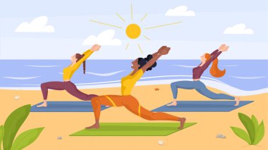 Açık hava yoga konsepti. Plajda güneş altında lastik hasırlı kadınlar egzersiz yapıyor. Spor, spor, spor ve aktif yaşam tarzı.