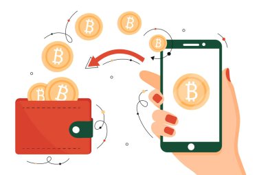 Bitcoin cüzdan konsepti. Elinde kriptoyla akıllı telefon tutan kadın. Engelleme teknolojisi ve elektronik özel para. Modern teknolojiler ve yenilikler. Çizgi film düz vektör çizimi