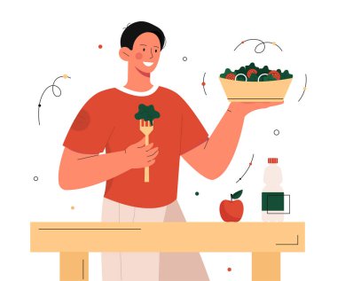 Sağlıklı gıda konsepti. Elinde bir kase salata olan bir adam. Uygun diyet ve dengeli diyet. Doğal ve organik ürünler, vitaminli sebzeler. Domates ve lahana. Çizgi film düz vektör çizimi