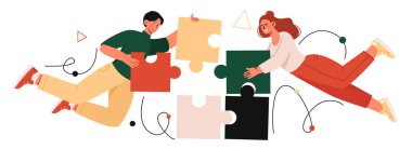 Bulmacalı insanlar. Erkek ve kadın ortak bir proje üzerinde çalışıyor. İşbirliği ve işbirliği, takım çalışması. Etkili iş akışı ve iş süreçlerinin organizasyonu. Çizgi film düz vektör çizimi