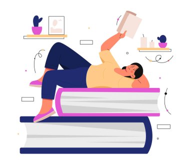 Kitap okuyan kadın. Genç kız bir yığın ders kitabının üzerine uzanıyor ve kurgu okuyor. Kullanışlı bir hobi ve boş zaman. Kişisel gelişim ve eğitim. Ödev yapan bir öğrenci. Çizgi film düz vektör çizimi